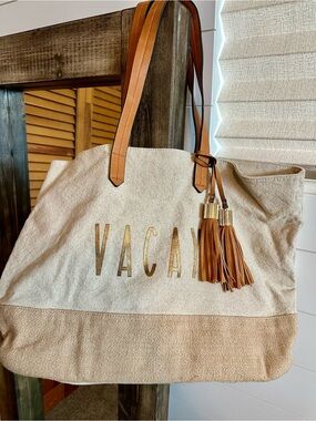 Vacay Oversized Canvas Tote Bag Neutral Beach Weekender Tassel Bag travel bag